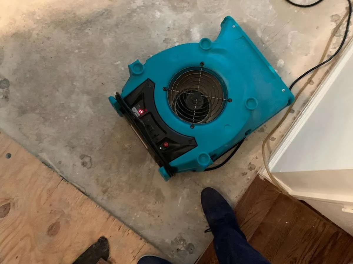 Air mover drying subfloor during Commercial Water Damage Restoration in Wytheville